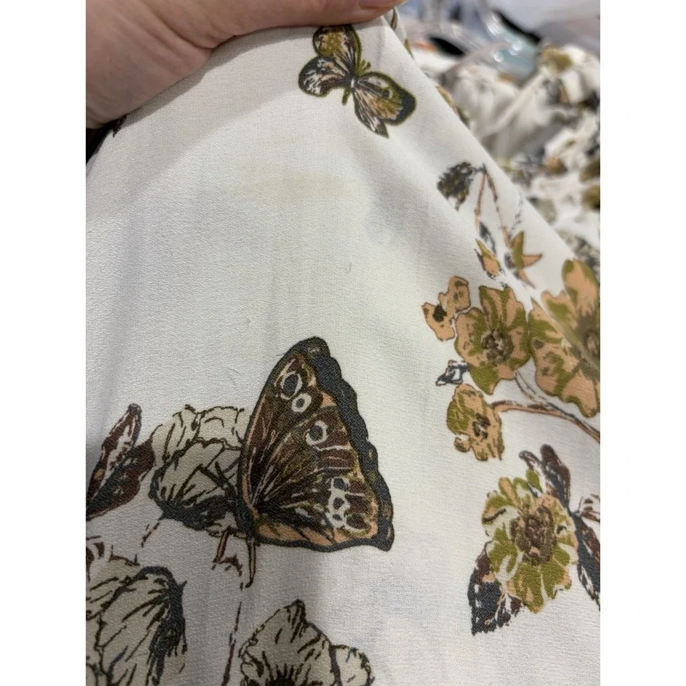 Free People Pebble Crepe Butterfly Print Top Ivory XS Boho Tunic Raw Hem Peasant